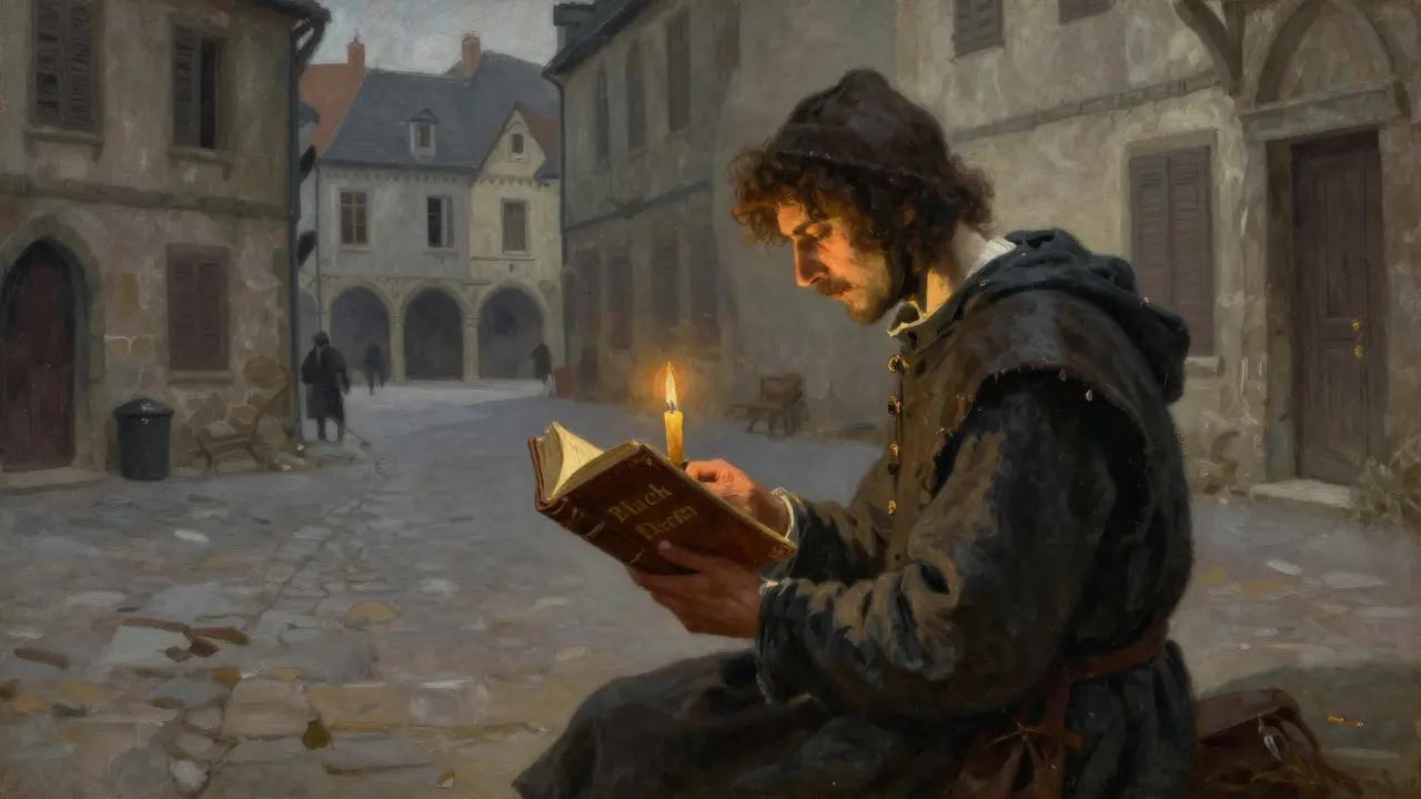 Medievalní scéna s knihou o moru a atmosférou karantény