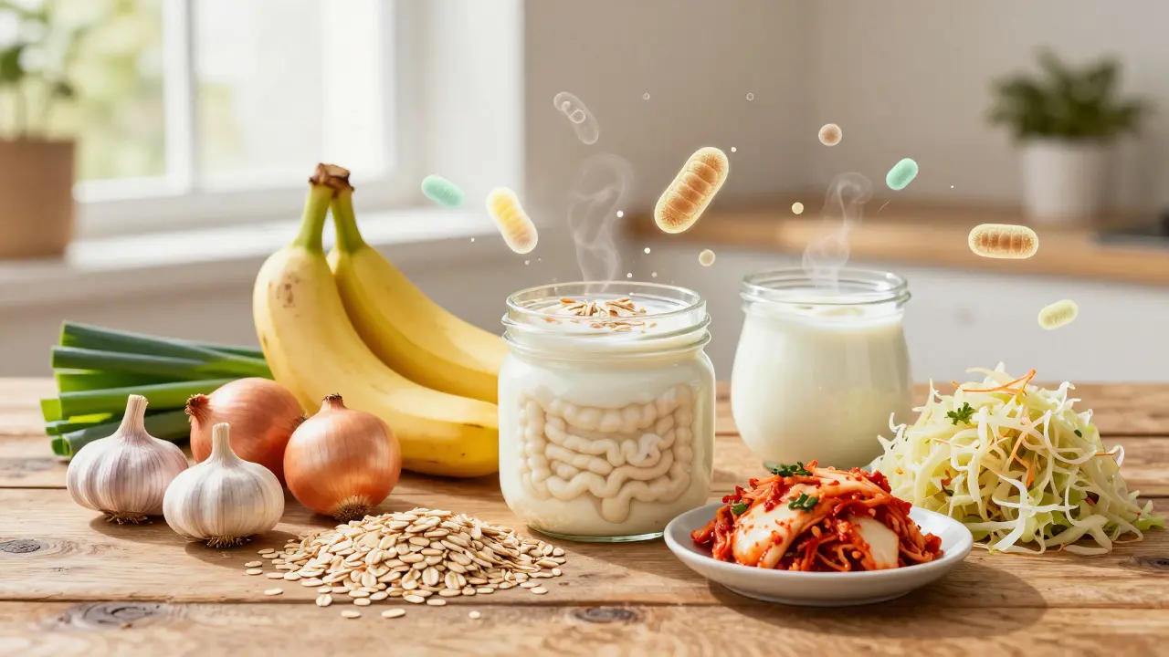 Prebiotické potraviny jako cibule a jogurt podporující zdraví střev