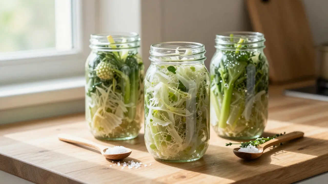 Sklenice s kvasícím zelím a kimchi na kuchyňském pultu