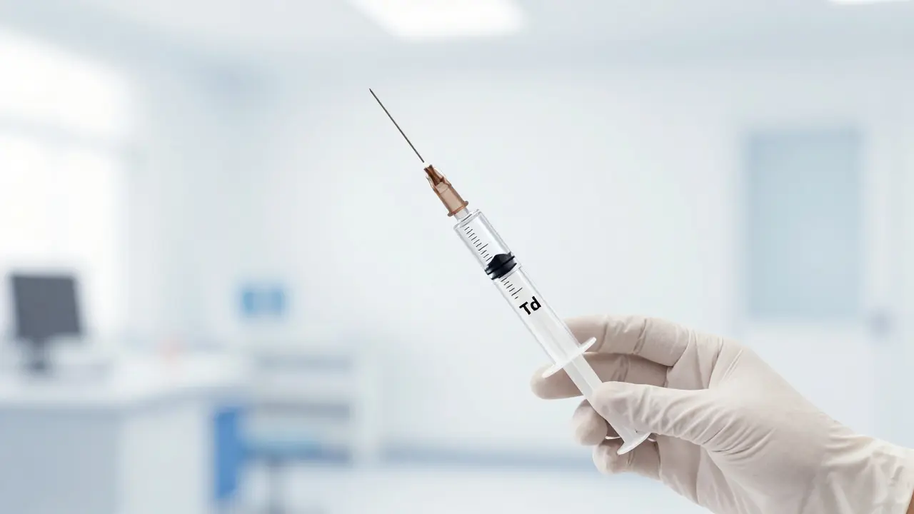 Stříkačka s vakcínou proti tetanu v rukách lékaře