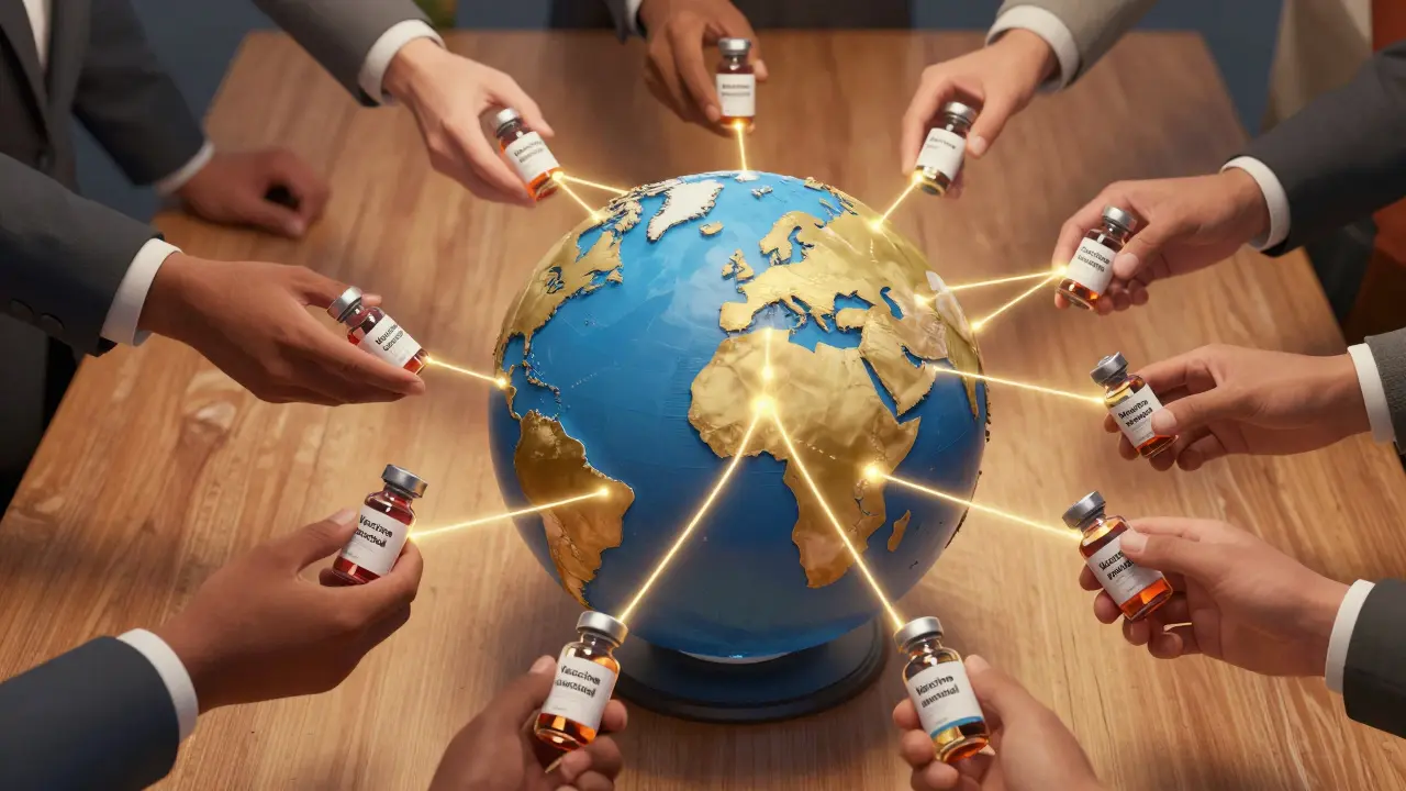 Symbolické zobrazení globální diplomacie a distribuce vakcín přes mapu světa