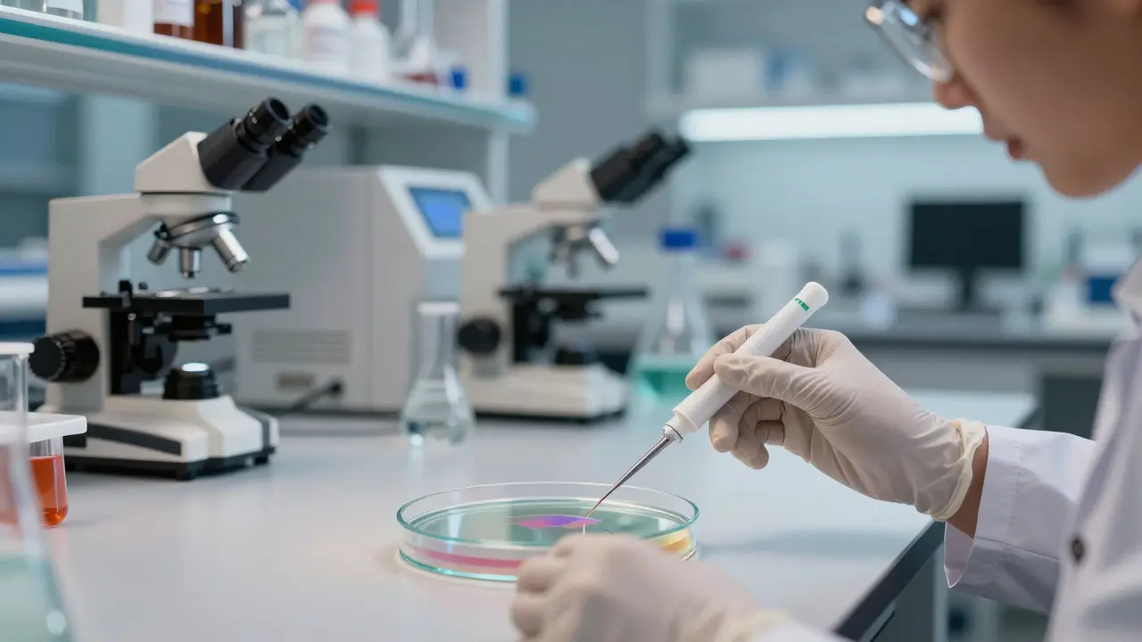 Umělec v laboratoři používá sterilní smyčku k tvorbě umění z bakteriálních kultur na agarové destičce.