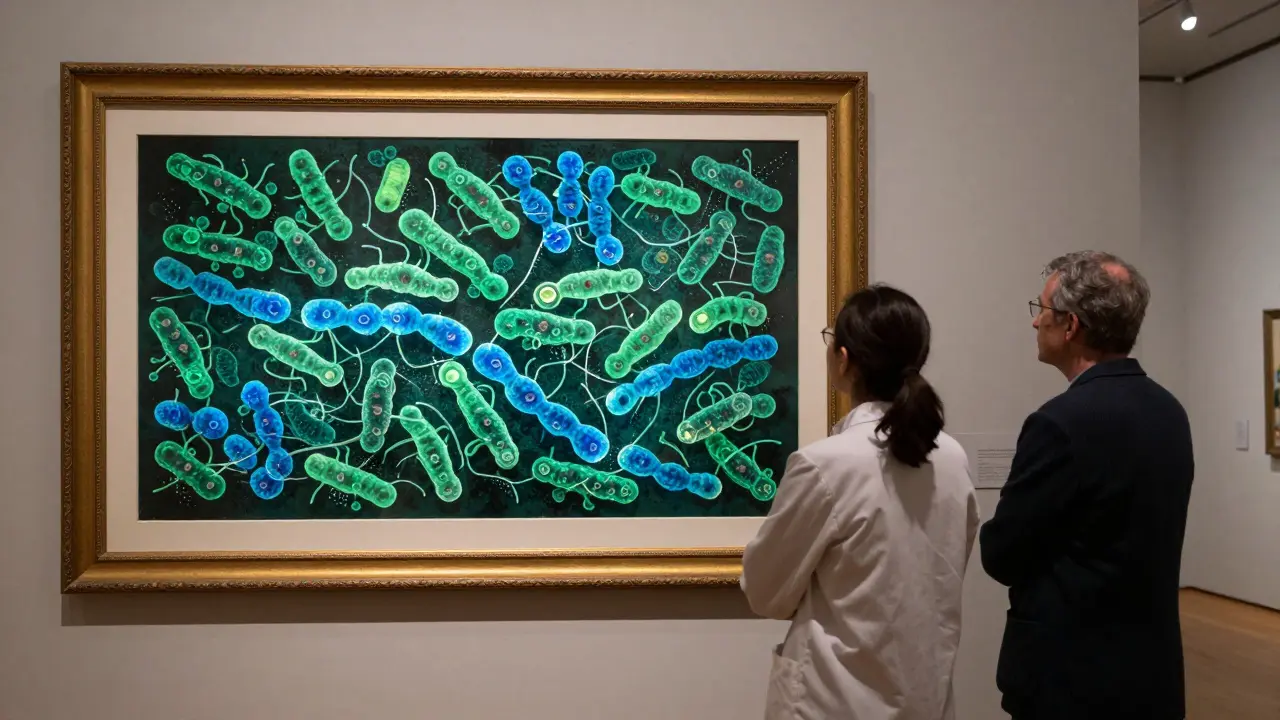 Vědec a umělec zkoumají fixované bakteriální dílo v galerii, symbolizující spojení vědy a kultury.