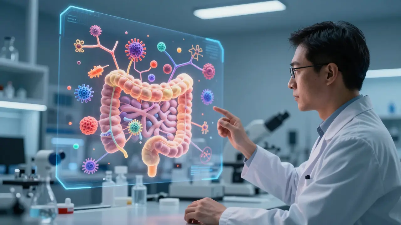 Vědec zkoumá holografickou projekci střevního mikrobiomu