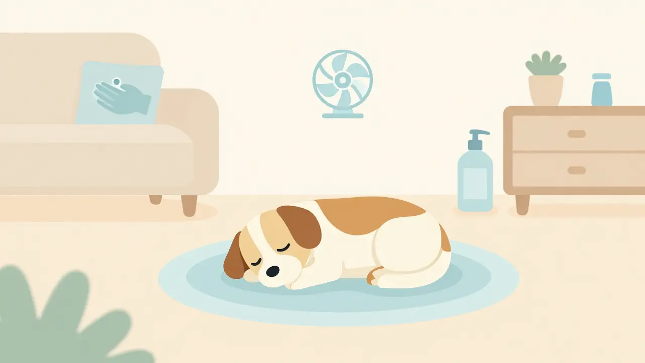 Ilustrace psa v obýváku se symboly hygieny a větrání