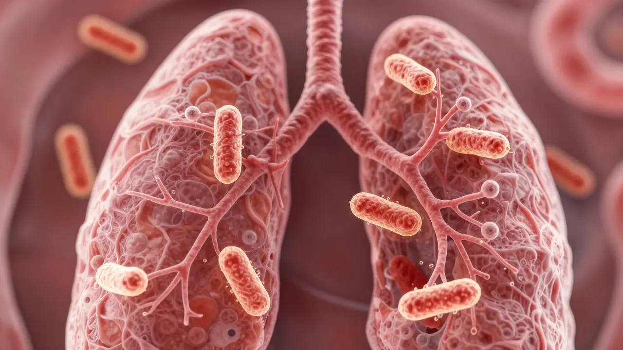 Makro pohled na plícní tkáň s bakteriemi Mycobacterium tuberculosis využívajícími kyslík.