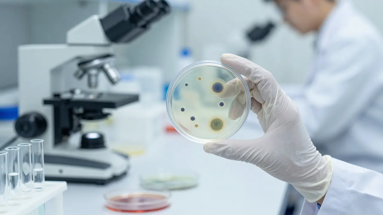 Vědec v laboratoři zkoumá bakteriální kultury z vzorků vody