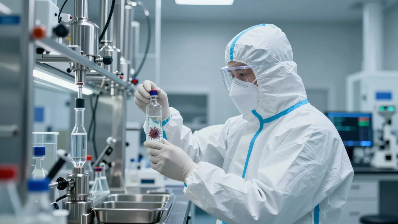 Vědec v ochranném obleku v laboratoři se vzorkem viru